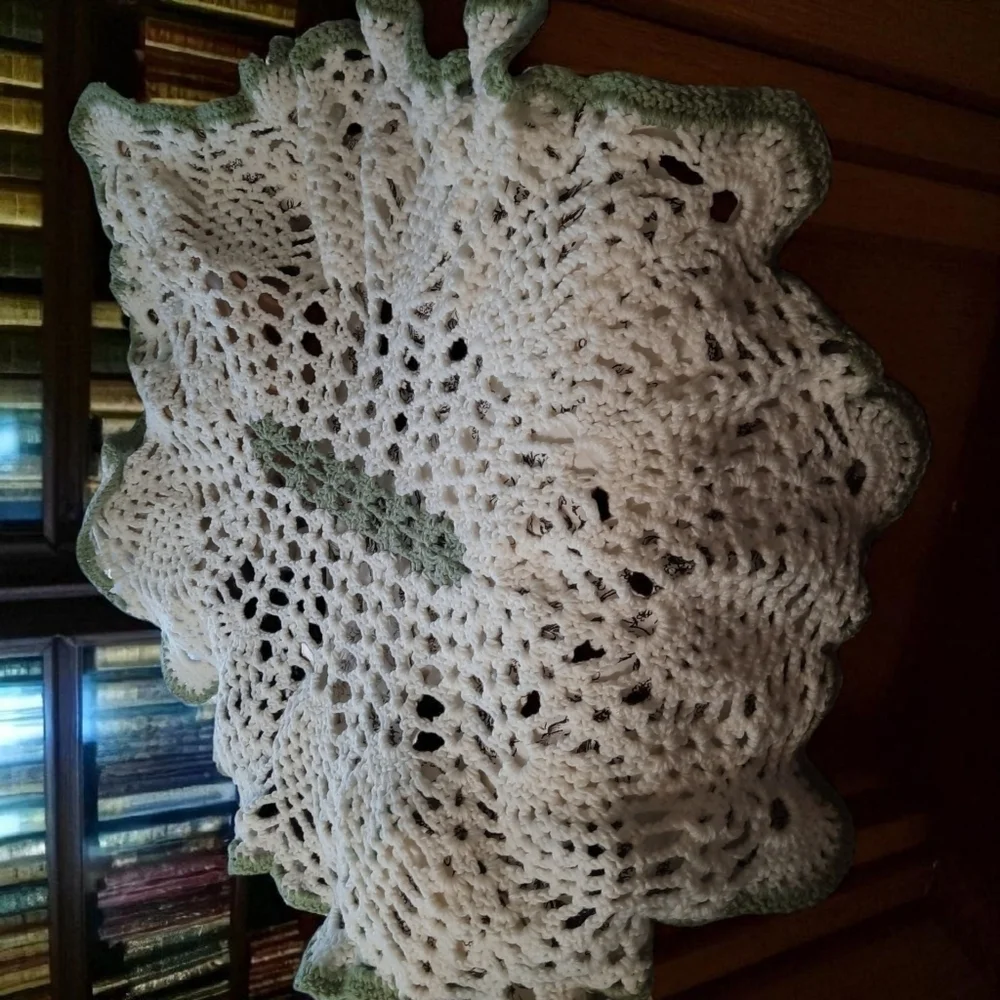 Handmade Crochet Blanket with Green Trim 46x50